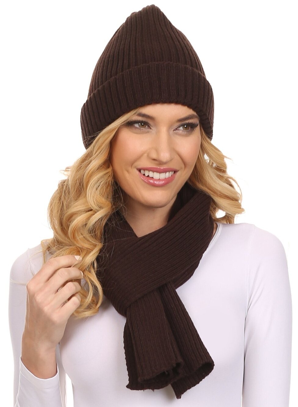 9347 CHSS1540 Aldis Unisex Ribbed Knit Beanie Hat And Scarf Set Brown